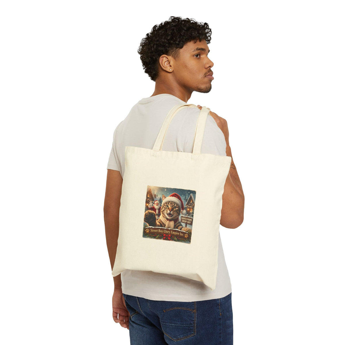 Santa Cat Christmas Cotton Canvas Tote Bag
