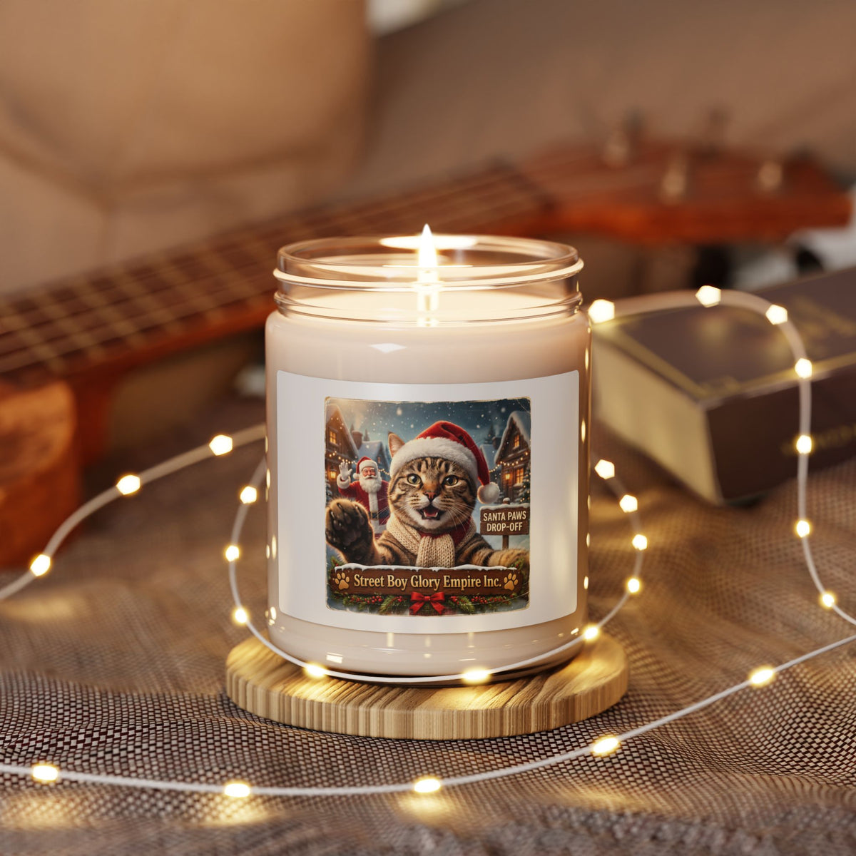 Christmas Cat Soy Candle – Realistic Santa Cat Portrait Holiday Gift