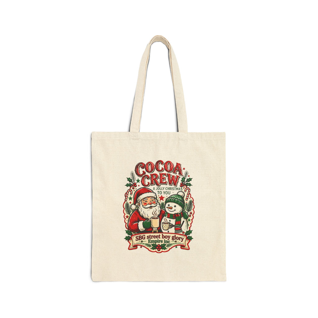 Cocoa Crew Christmas Canvas Tote Bag | Retro Santa & Snowman Hot Cocoa Design