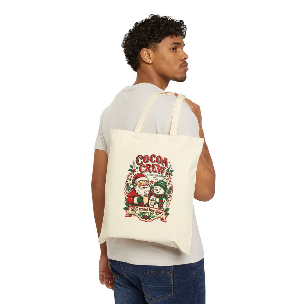 Cocoa Crew Christmas Canvas Tote Bag | Retro Santa & Snowman Hot Cocoa Design