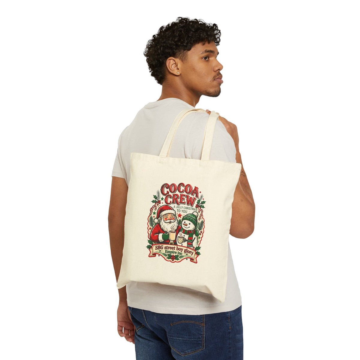 Cocoa Crew Christmas Canvas Tote Bag | Retro Santa & Snowman Hot Cocoa Design