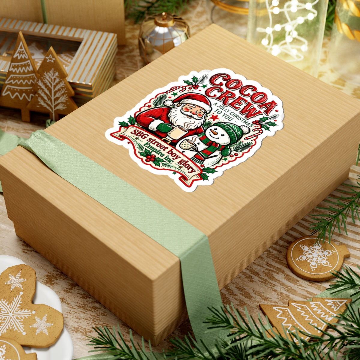 Cocoa Crew Christmas Kiss-Cut Sticker – Santa, Snowman & Hot Cocoa Holiday Decal